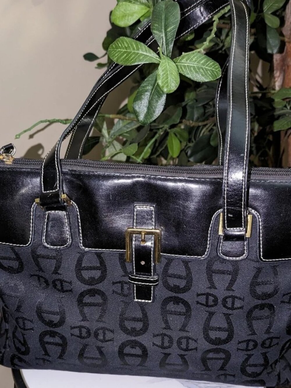 C125 Etienne Aigner Black Monogram Shoulder Bag with Gold Tone Buckle